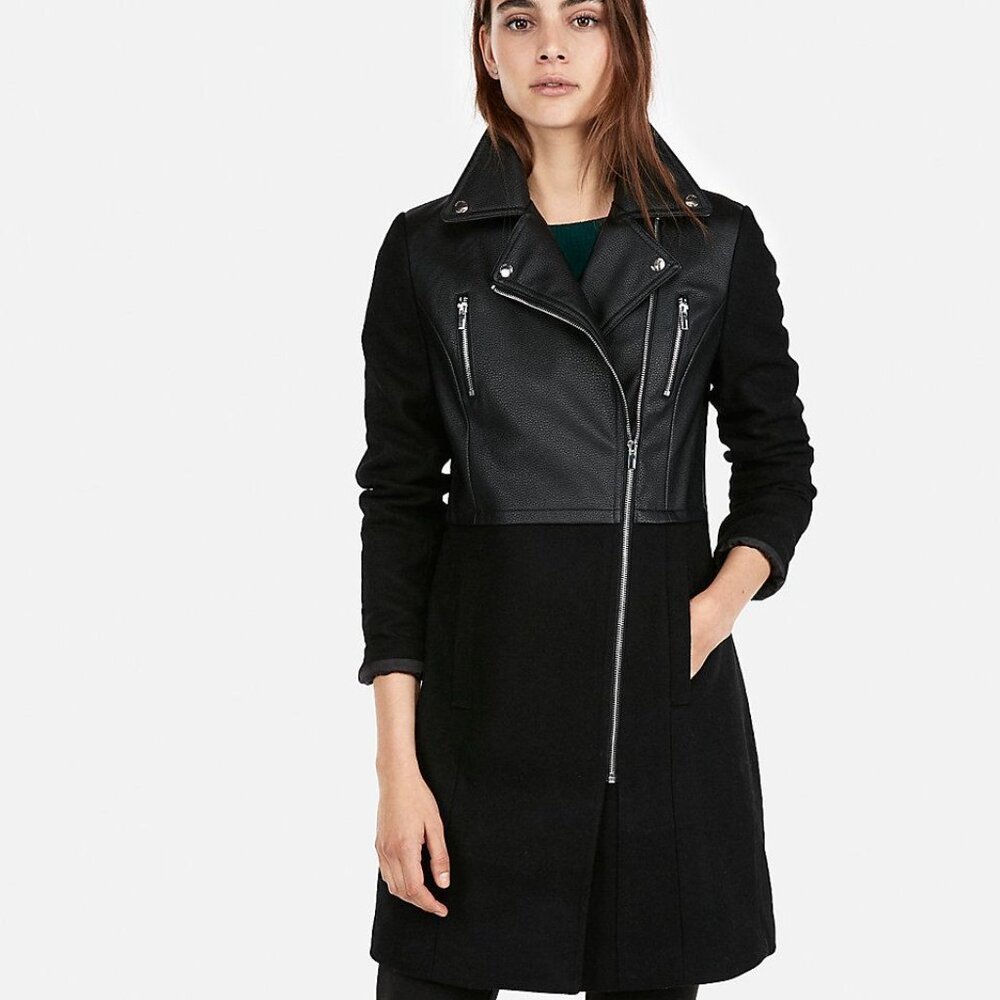 Express Black Faux Leather & Wool Zippered Coat